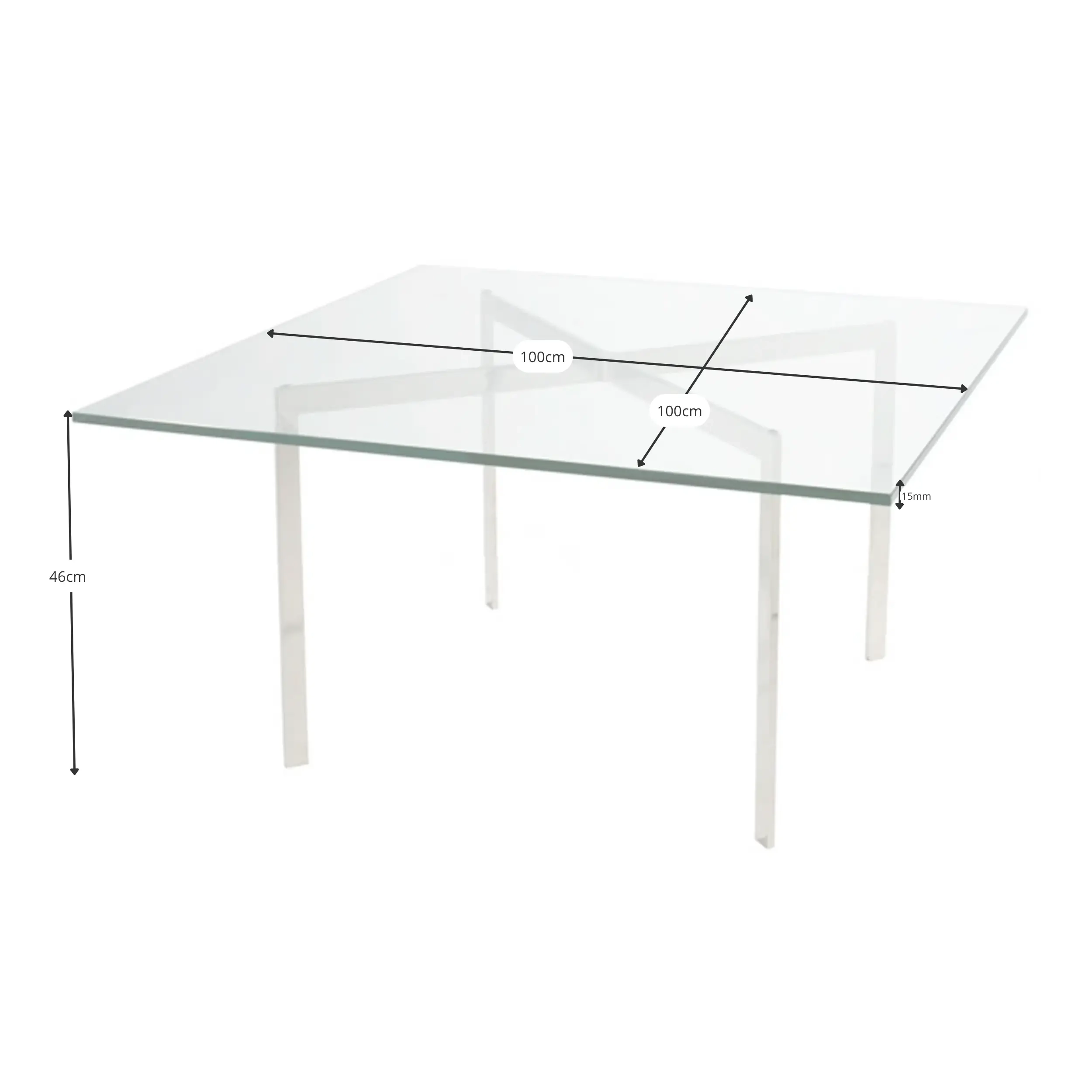 Tavolo Mies Van Der Rohe 100x100cm : Vetro temperato e acciaio inossidabile
