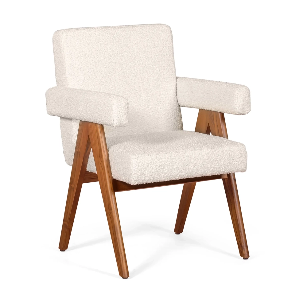 Sedia Compass con braccioli in legno di teak e tessuto bouclé