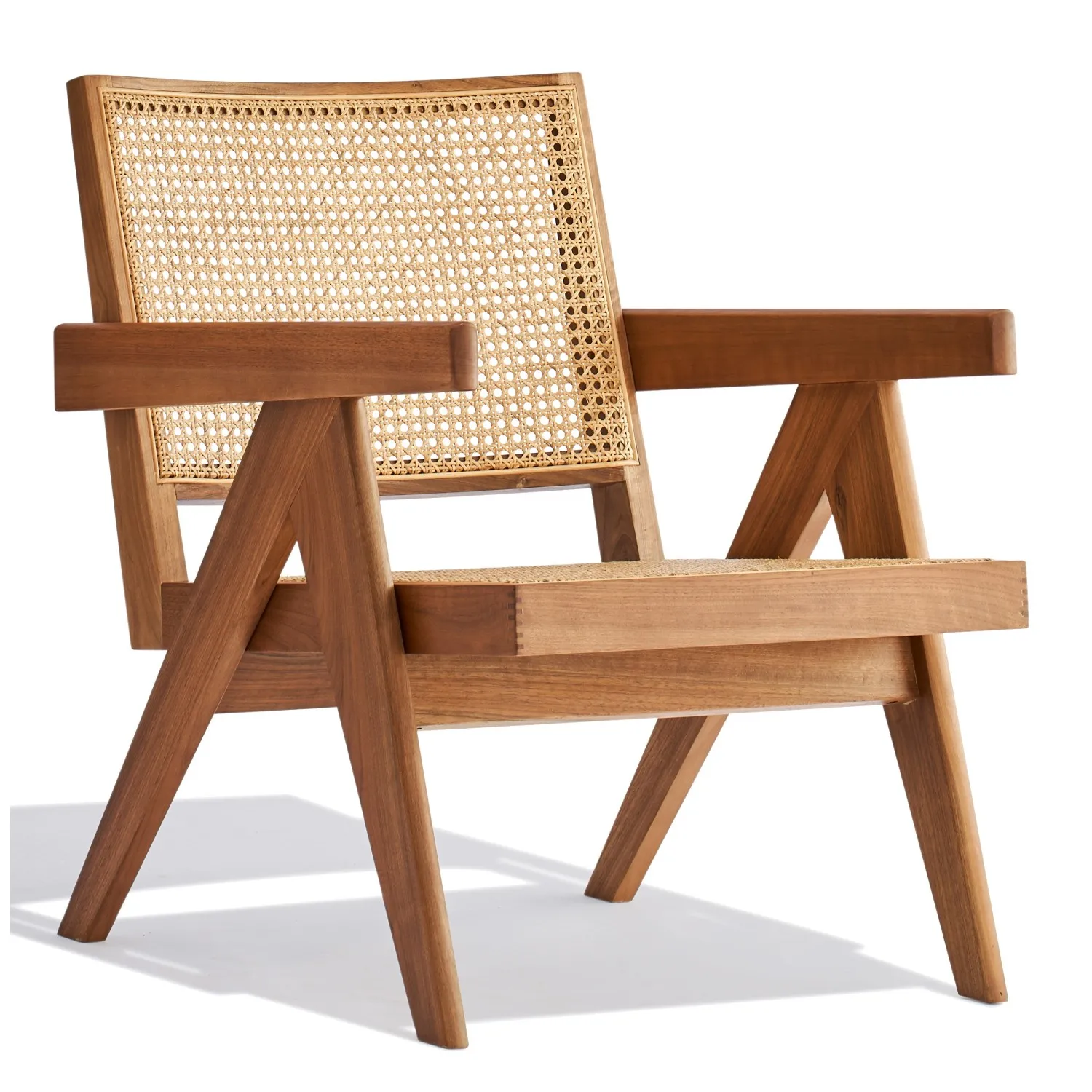 Poltrona Compass con braccioli in legno di teak e rattan naturale